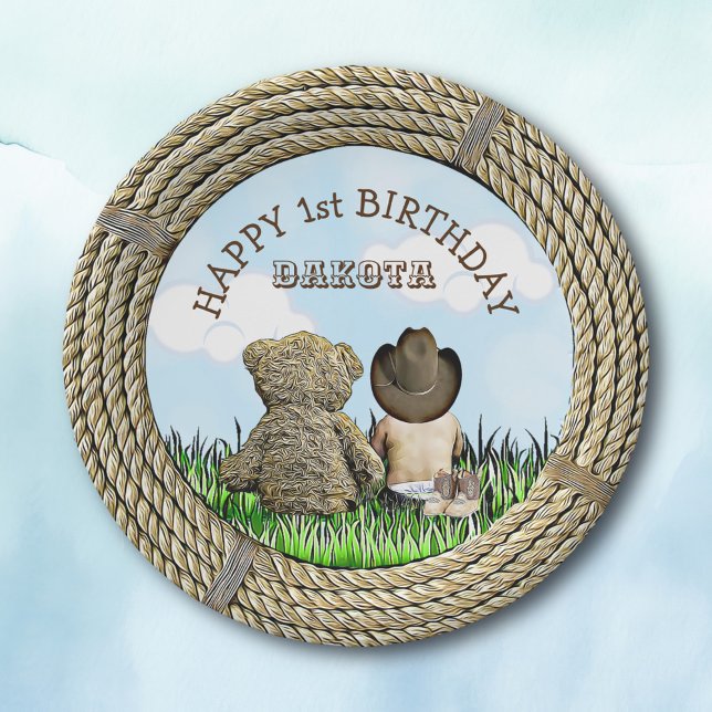 Lil' Cowboy and Teddy Bear Boy's  First Birthday Paper Plates (Creator Uploaded)