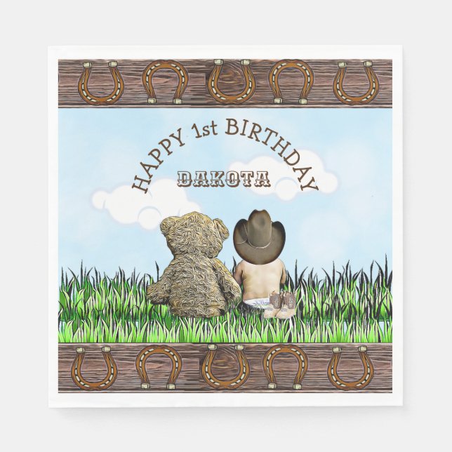 Lil' Cowboy and Teddy Bear First Birthday Napkins (Front)
