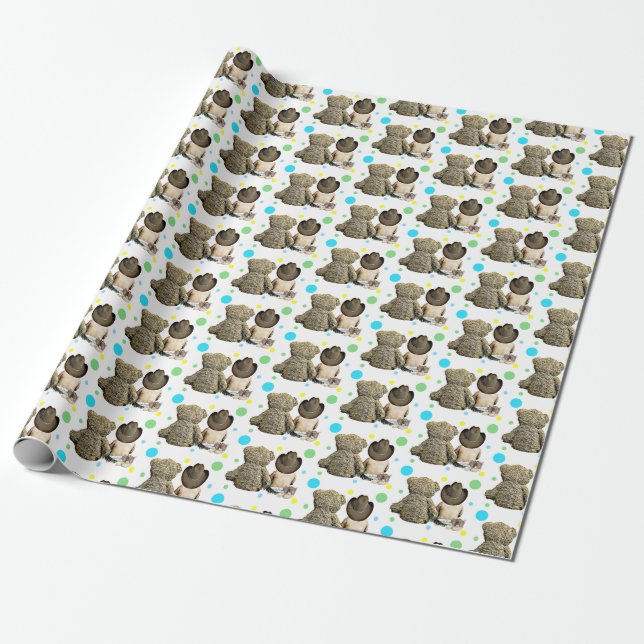 Lil Cowboy and Teddy Bear Rustic Polka Dot Wrapping Paper (Unrolled)