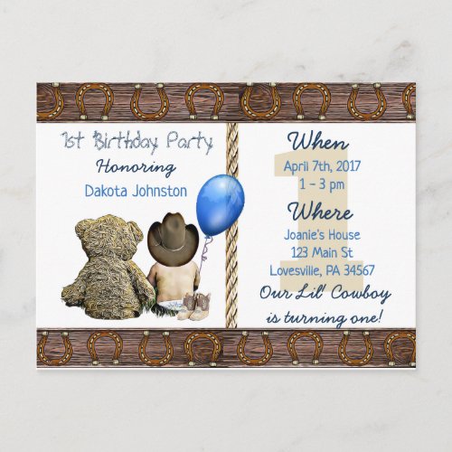 Lil Cowboy Baby Boy and Teddy Bear 1st Birthday Invitation Postcard