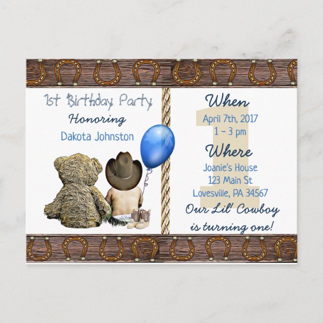 Lil Cowboy Baby Boy and Teddy Bear 1st Birthday Invitation Postcard (Front)