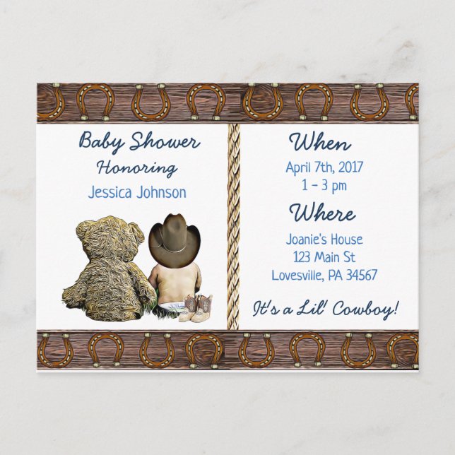 Lil Cowboy Baby Boy and Teddy Bear Baby Shower Invitation Postcard (Front)