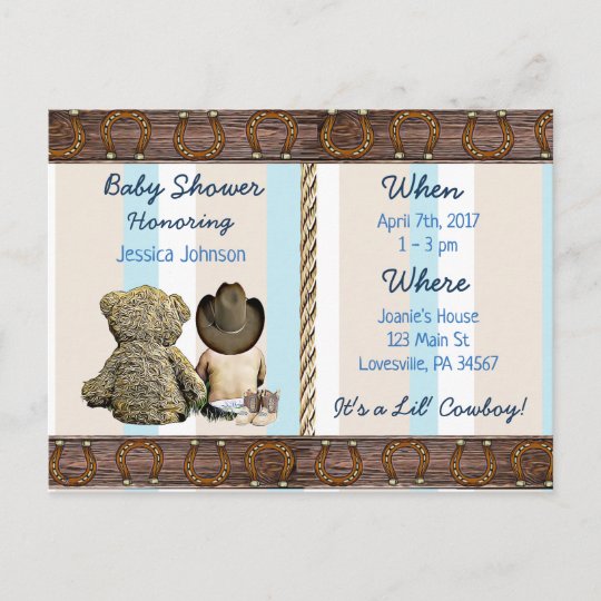 Lil Cowboy Baby Boy And Teddy Bear Baby Shower Invitation Postcard