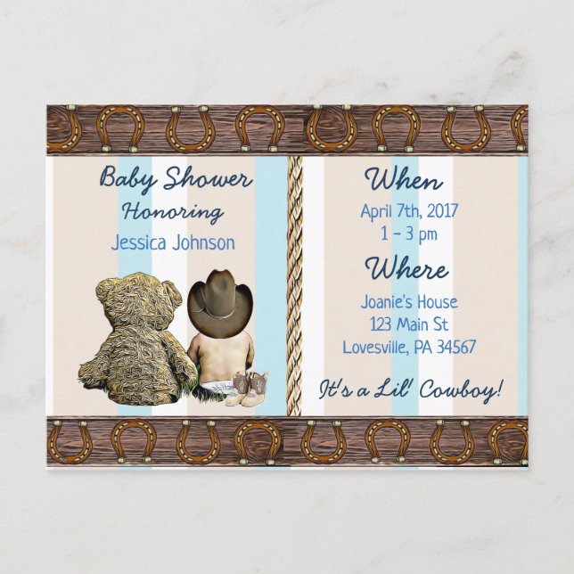 Lil Cowboy Baby Boy and Teddy Bear Baby Shower Invitation Postcard (Front)