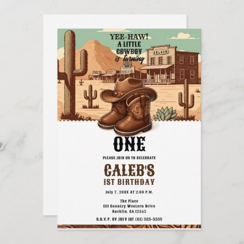 Lil Cowboy Country Western Boots Hat 1st Birthday  Invitation