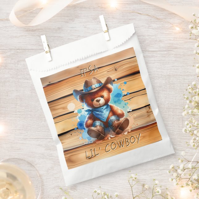 Lil' Cowboy Teddy Bear Boy's Baby Shower  Favor Bag (Clipped)