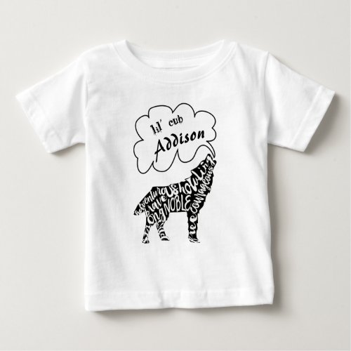 Lil Cub Your Childs Nam and Wolf with Wolf Words Baby T_Shirt