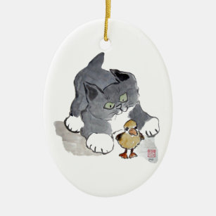 Lil' Ducky and Gray Kitten Ceramic Ornament