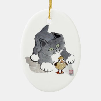 Lil' Ducky And Gray Kitten Ceramic Ornament by Nine_Lives_Studio at Zazzle