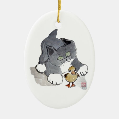 Lil Ducky and Gray Kitten Ceramic Ornament