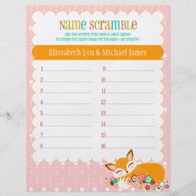 Lil Foxie Cub - Baby Shower Bingo & Name Scramble Flyer