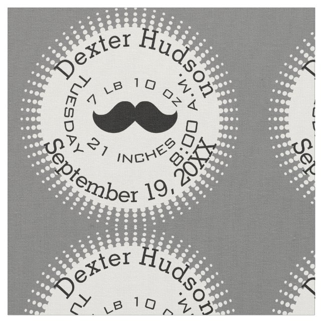 Lil' Man Black Mustache Birth Record Stats Fabric (Close Up)