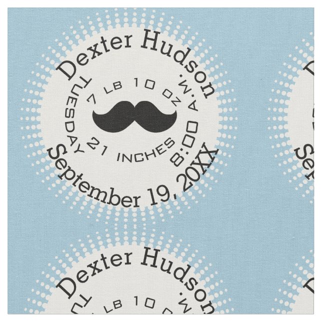 Lil' Man Black Mustache Birth Record Stats Fabric (Close Up)