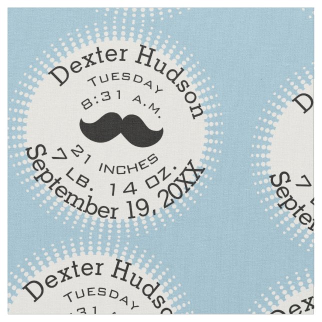 Lil' Man Black Mustache Birth Record Stats Fabric (Close Up)
