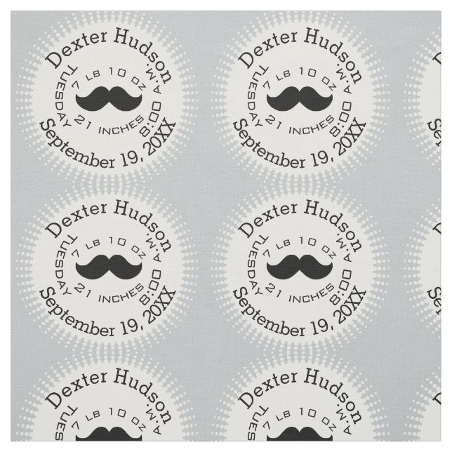 Lil' Man Black Mustache Birth Record Stats Fabric (Swatch)