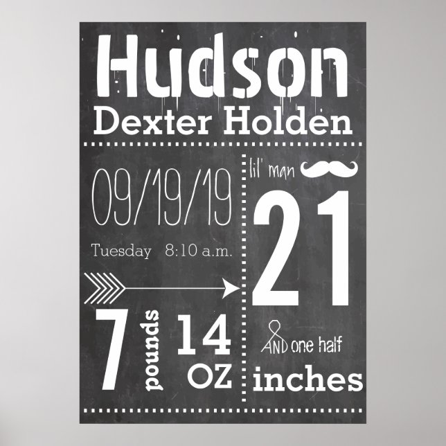 Lil Man Mustache Chalkboard Boy Baby Stat Arrow Poster (Front)