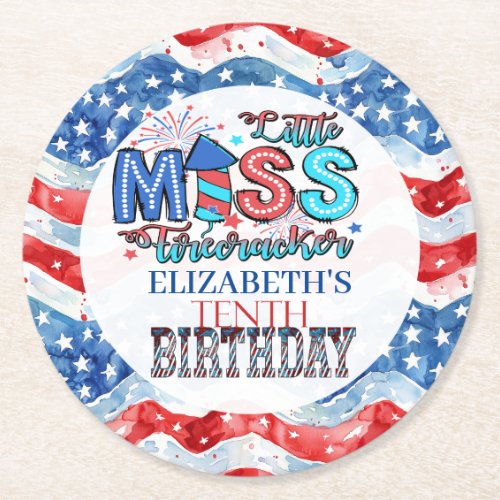 Lil Miss Firecracker 10th Birthday Round Paper Coaster