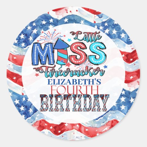 Lil Miss Firecracker 4th Birthday Classic Round Sticker