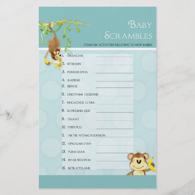 Lil Monkey,  Baby Boy Shower Bingo N Scramble Game Flyer