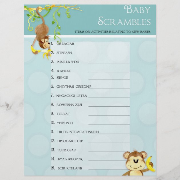 Lil Monkey,  Baby Boy Shower Bingo N Scramble Game Flyer