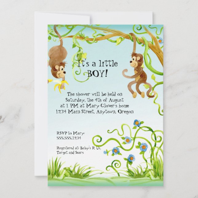 Lil Monkey, Boy Baby Shower Invitation (Front)