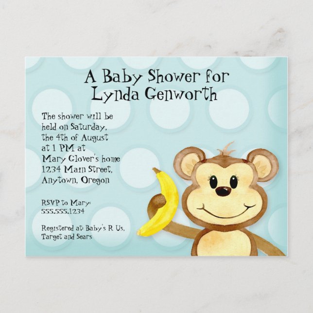 Lil Monkey, Boy Blue Baby Shower Post Card Invite (Front)