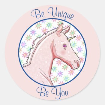 Lil Pink Palomino Unicorn (pink/blue) Classic Round Sticker by Heart_Horses at Zazzle