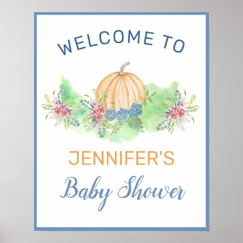 Lil Pumpkin Blue Fall Floral Baby Shower Welcome Poster