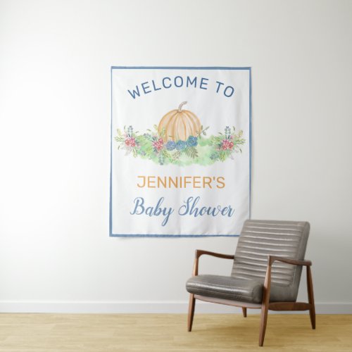 Lil Pumpkin Blue Fall Floral Baby Shower Welcome Tapestry