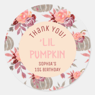 'Lil Pumpkin Floral 1st Birthday Party Thank You Classic Round Sticker