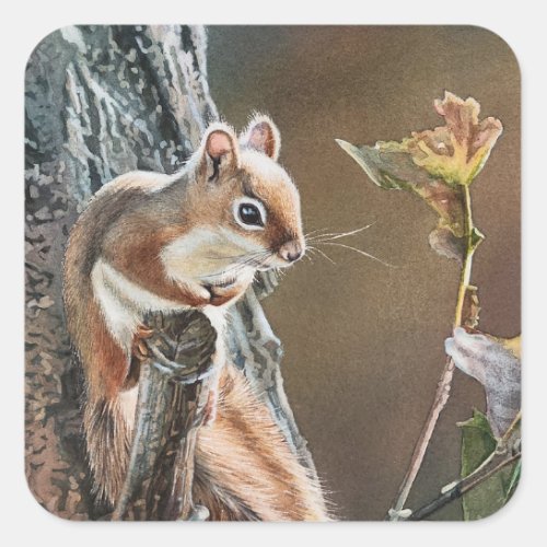 Lil Red Squirrel Oak Tree Autumn Watercolor Art Square Sticker