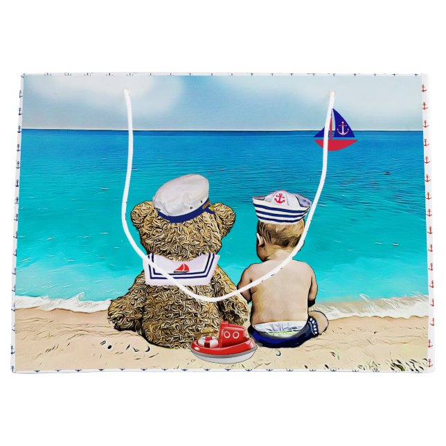 Lil' Sailor Nautical Themed Boy's Baby Shower Large Gift Bag (Front)
