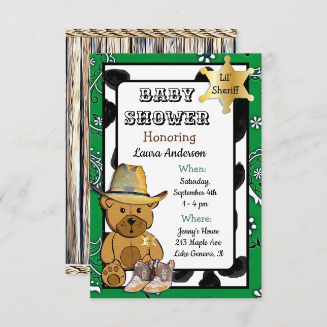 Lil' Sheriff Teddy Bear Cowboy  Baby Shower Invitation (Front/Back)