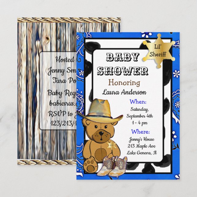 Lil' Sheriff Teddy Bear Cowboy  Baby Shower Invitation (Front/Back)