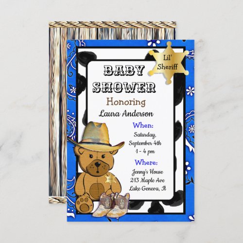 Lil Sheriff Teddy Bear Cowboy  Baby Shower Invitation
