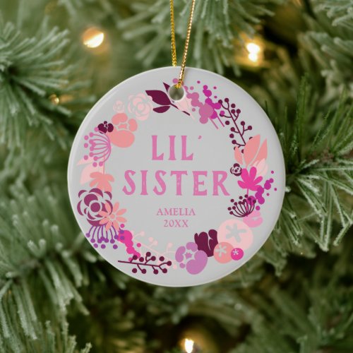 Lil Sister Personalized Baby Girl Pink Boho Wreath Ceramic Ornament