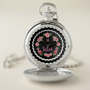 Lil Sister Pink Flowers with White & Black Circles Pocket Watch