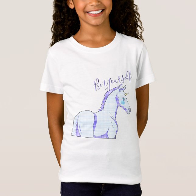 Lil Unicorn Blue Tartan (Be Yourself) T-Shirt (Front)