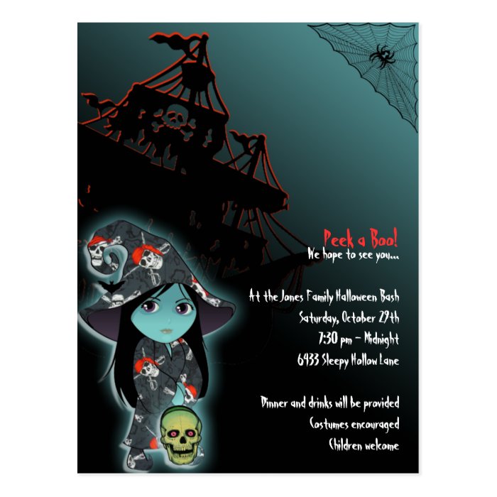 Lil Witch in Pirate Skull Robe Halloween Invite Postcard