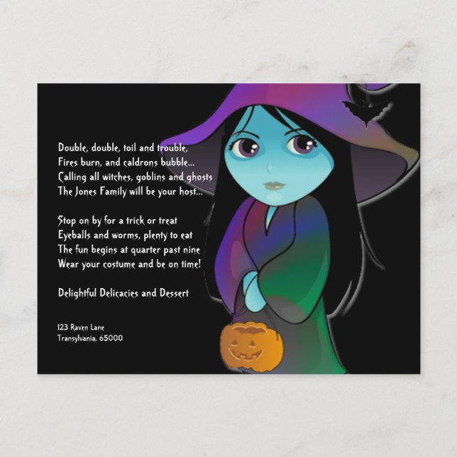 Lil' Witch in Rainbow Robe Halloween Invitation Postcard (Front)
