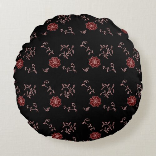 Lila blush and wine flower with leaves on black round pillow
