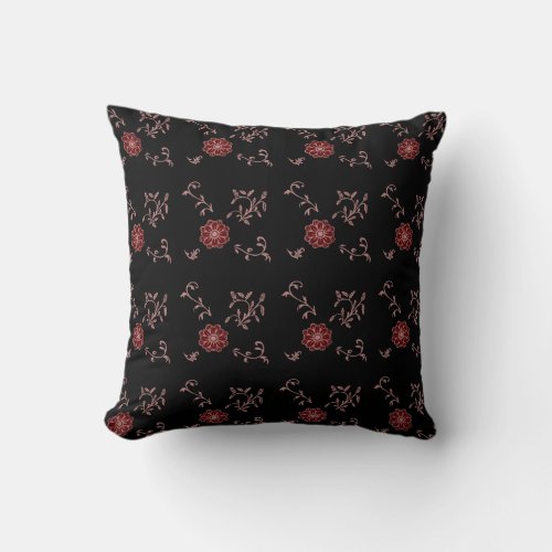 Lila blush and wine flower with leaves on black throw pillow