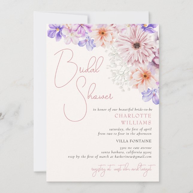 Lila Purple Bright Colorful Flowers Bridal Shower Invitation (Front)