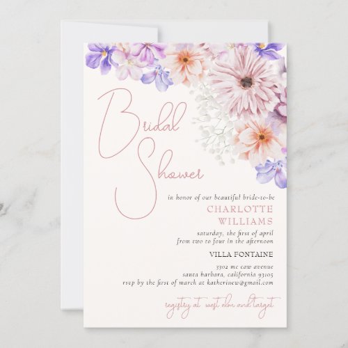 Lila Purple Bright Colorful Flowers Bridal Shower Invitation
