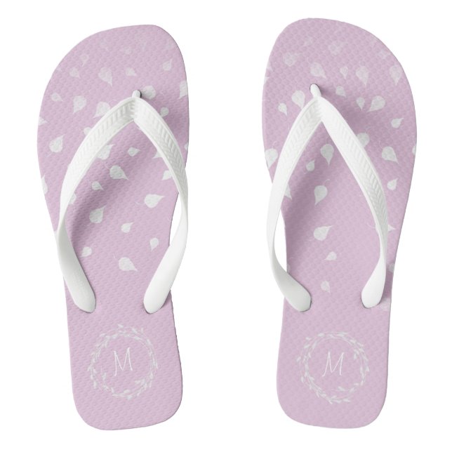 Lila Purple White Confetti Leafs Silver Monogram Flip Flops (Footbed)