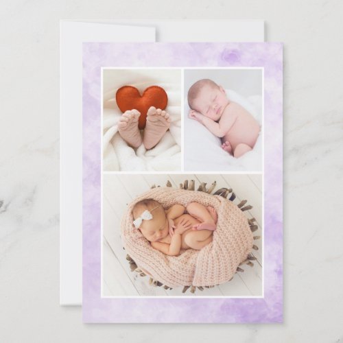 Lilac 3 Photo Collage Birth Announcement Card