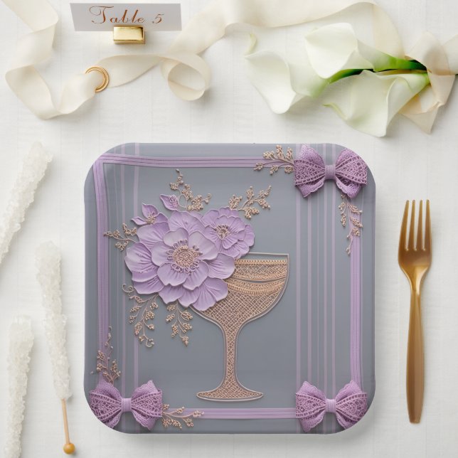 Lilac 3D Effect Flowers & Rose Gold Lace Paper Plates (Wedding)