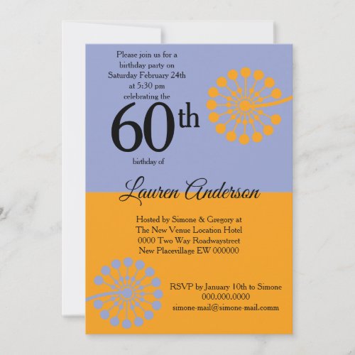 Lilac 60th retro floral orange birthday party invitation