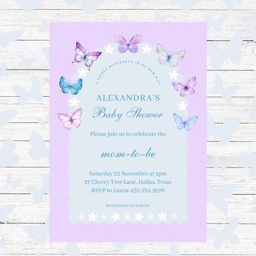 Lilac A little butterfly is on her way Baby Shower Invitation