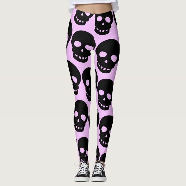 Lilac Aesthetic Pastel Goth Skulls Big Print Leggings (Front)